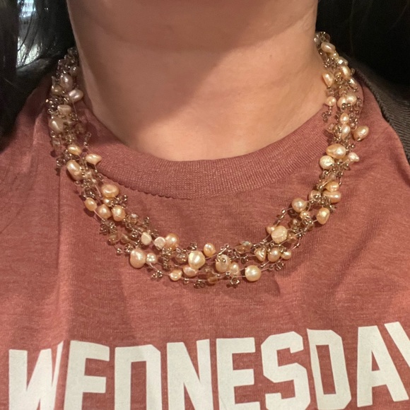 NEW Pink Gold Pearls Beaded multi layer necklace dangling earrings set - Picture 9 of 9